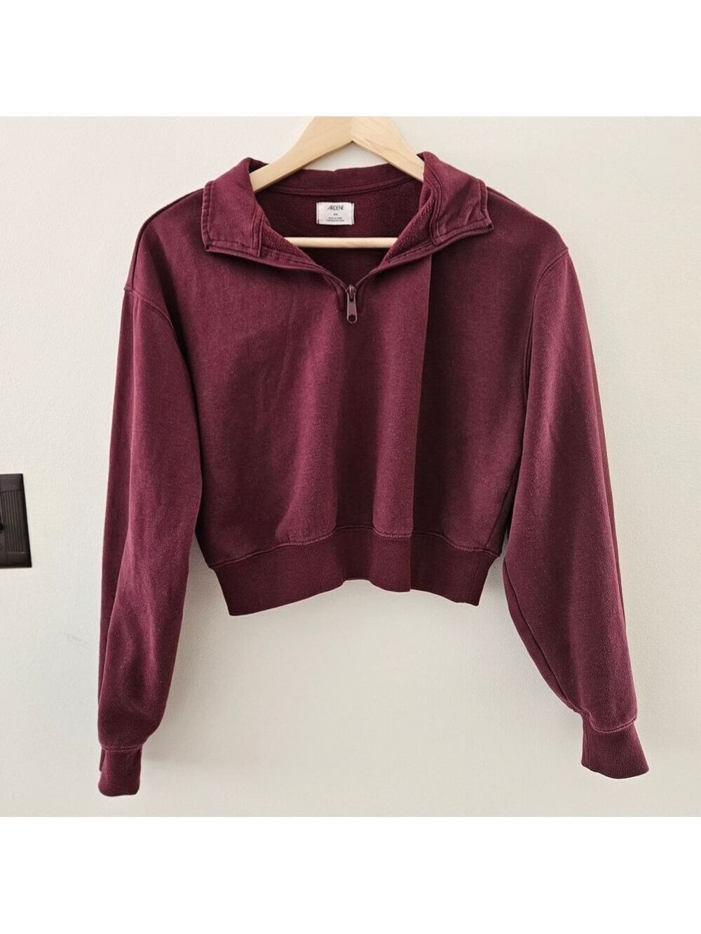 Ardene Cropped Quarter Zip Sweatshirt Burgundy Wine Crop Pullover Size M